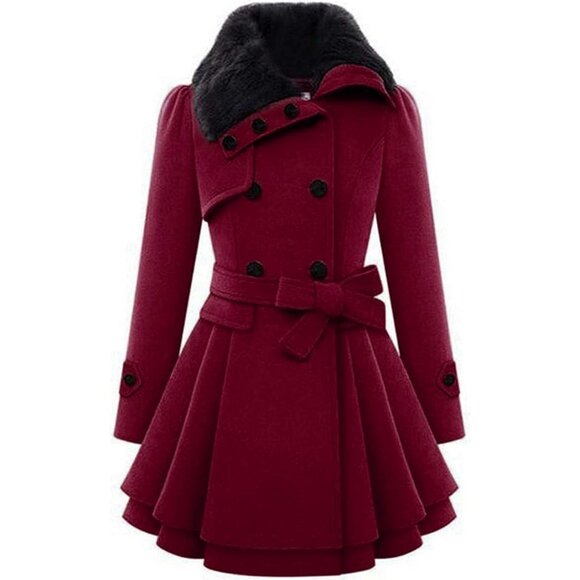 Jackets & Blazers - Women's Wine Red Zeagoo Winter Trench Coat Faux Fur Lapel Double Breasted